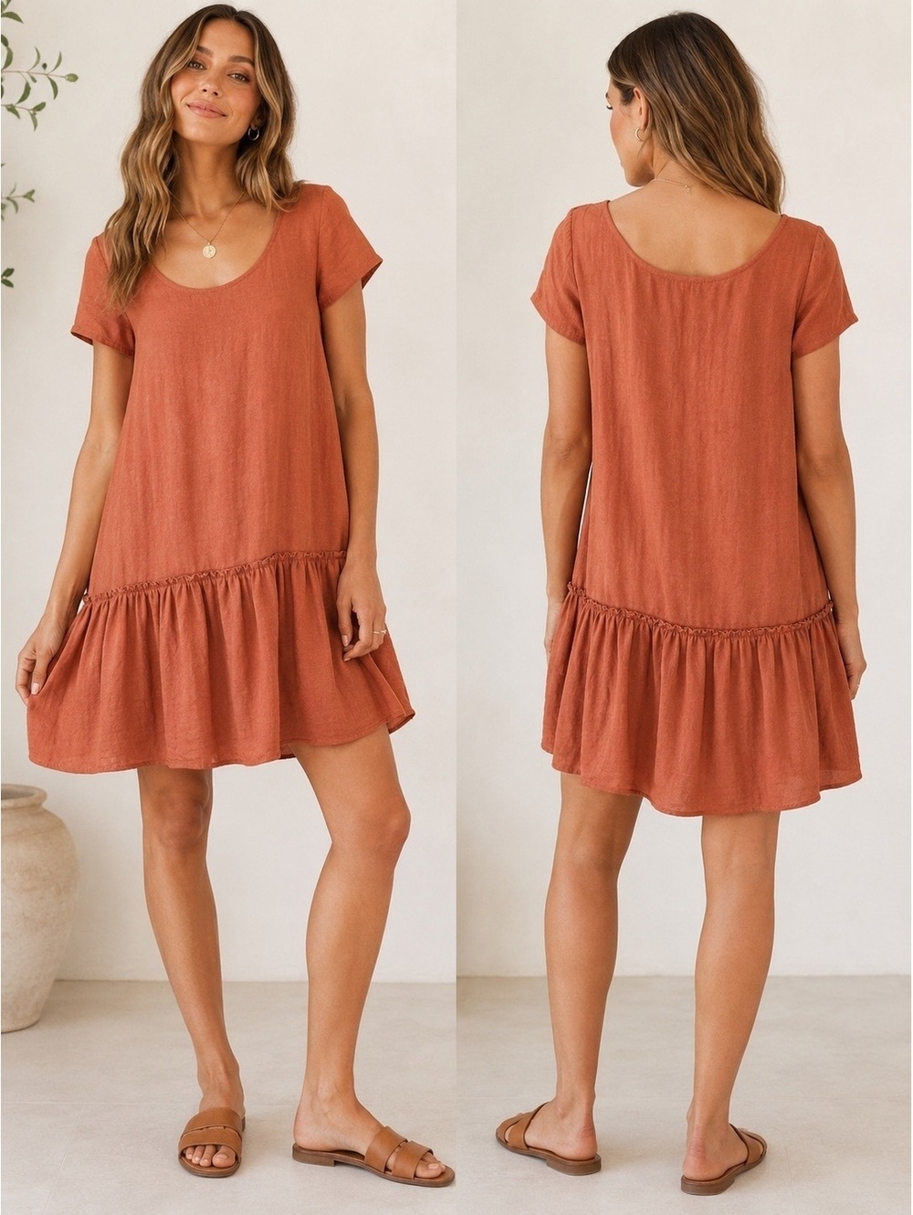 Aerie Rust Babydoll Mini Dress Short Sleeve Drop Waist Size Small